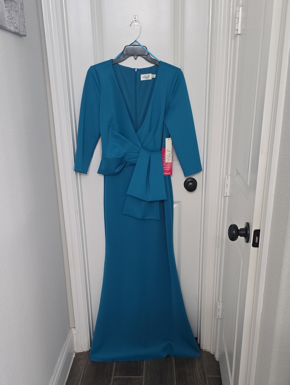 Eliza J Teal V-Neck Long Sleeve Maxi Dress with Draped Bow